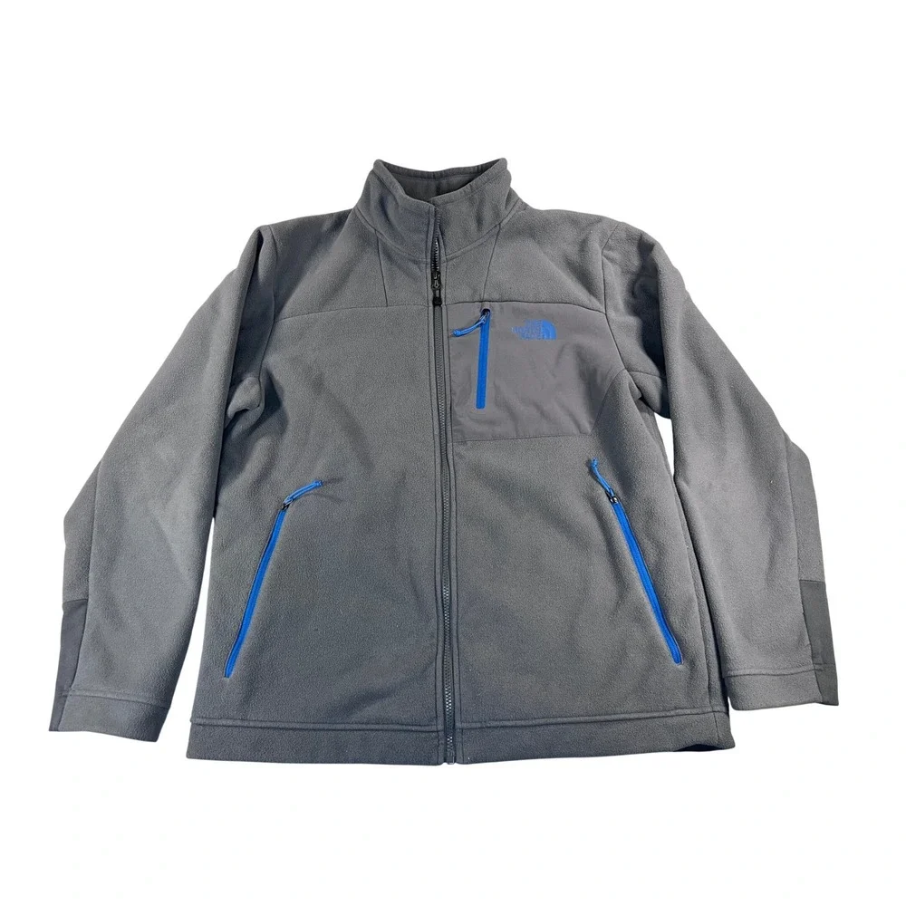 The North Face Mens Large Grey Full Zip Sherpa Lined Fleece Jacket Blue Trim